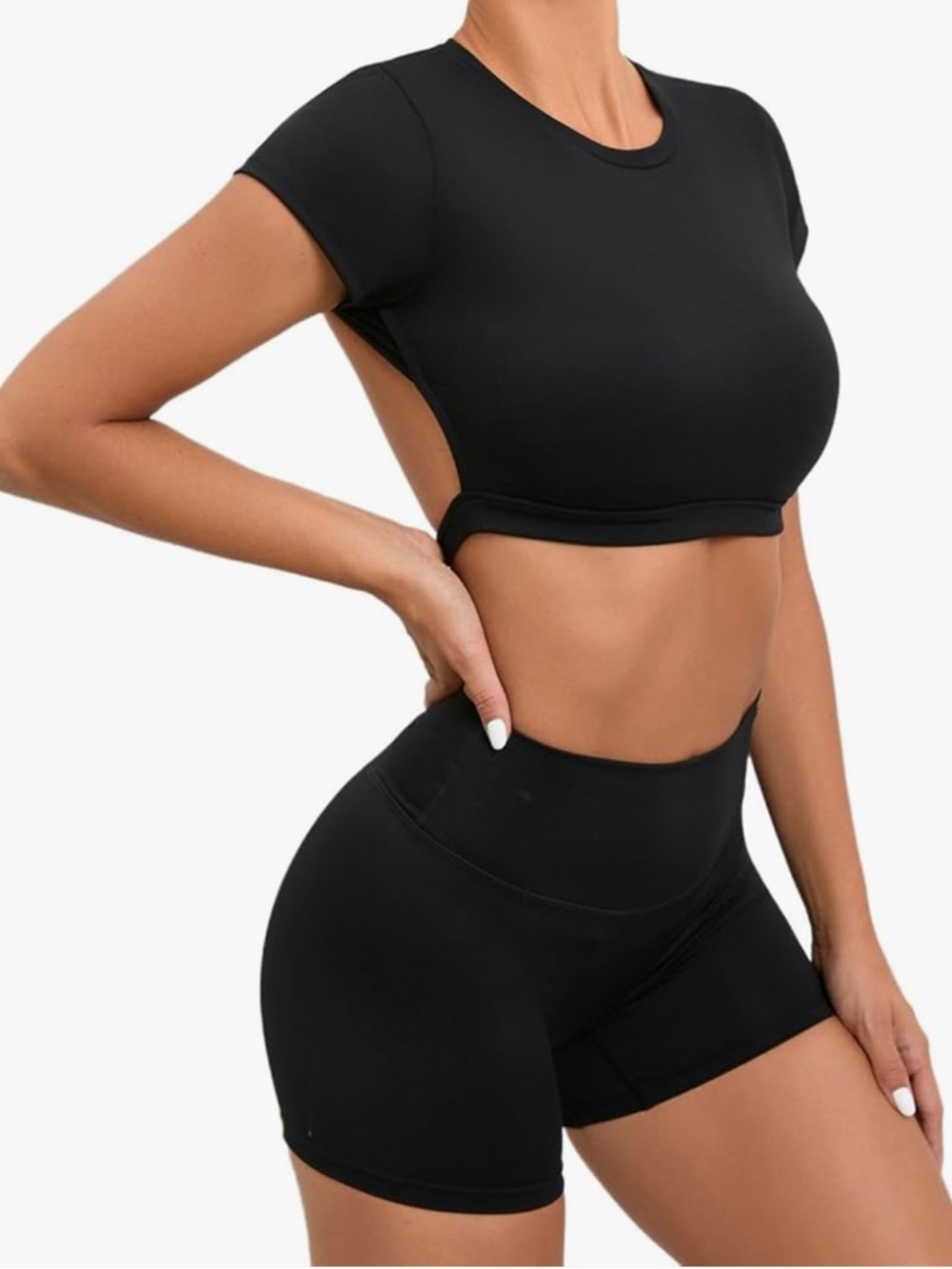 Black Open-Back Crop Top and High-Waist Shorts Set - Picture 4 of 4